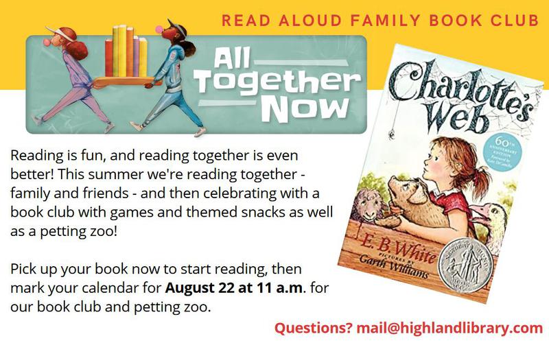 Reading is fun, and reading together is even better! This summer we're reading together - family and friends - and then celebrating with a book club with games and themed snacks as well as a petting zoo!    Pick up your book now to start reading, then mark your calendar for August 22 at 11 a.m. for our book club and petting zoo.  